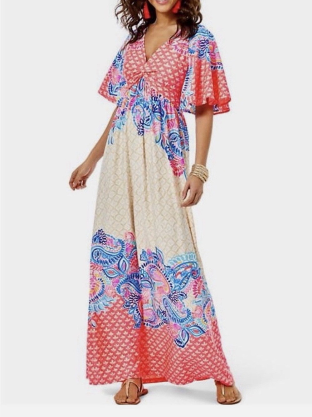 Lilly Pulitzer Coral, Cream & Blue Paisley Maxi Dress with Flutter Sleeves